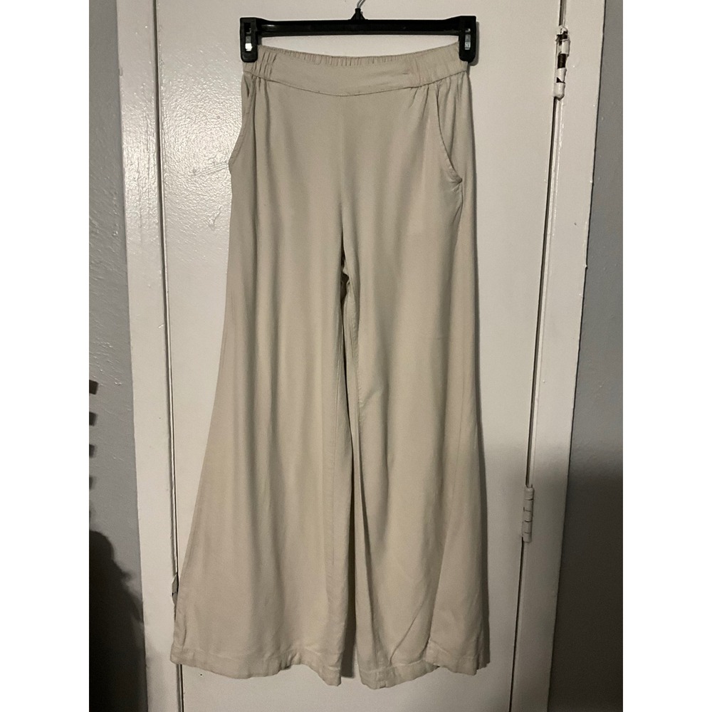 Happily Grey Oatmeal Beige Linen Blend Wide Leg Elastic Waist Pants Small